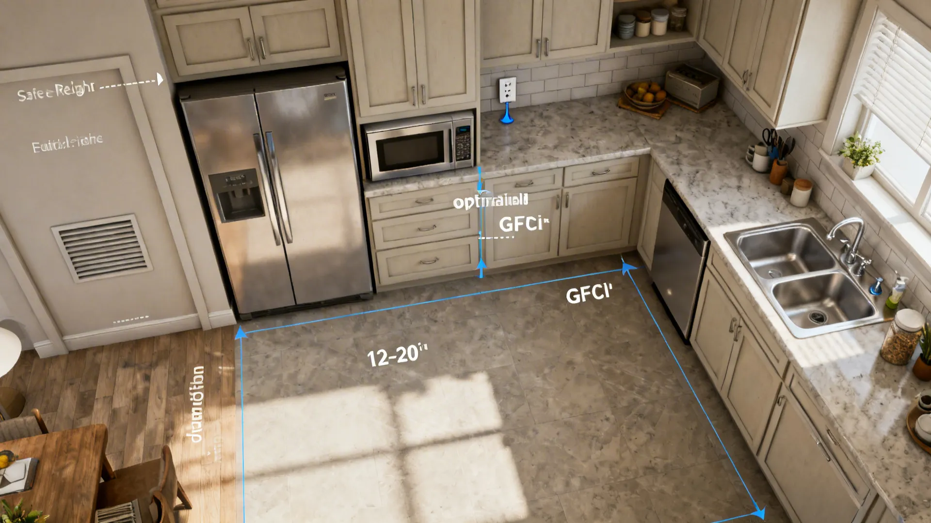 Top-down kitchen plan highlighting microwave landing zones, clearances, and workflow path.