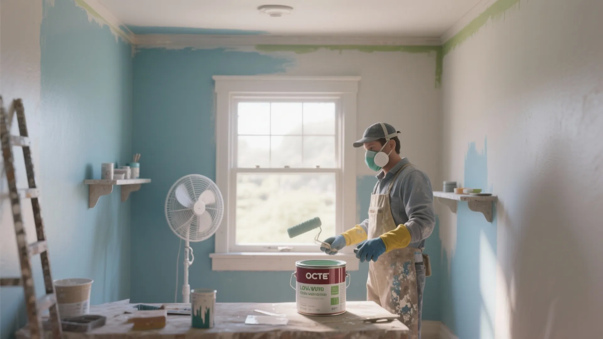 Professional painter wearing safety mask and gloves while painting a room with blue interior paint