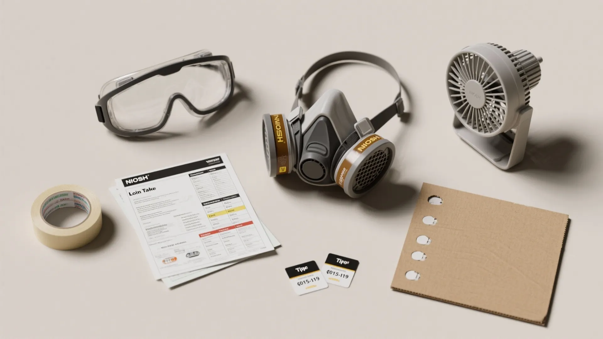 Flatlay of respirator, goggles, painter's tape, fan, paint datasheet and tip size cards for spraying safety and setup.