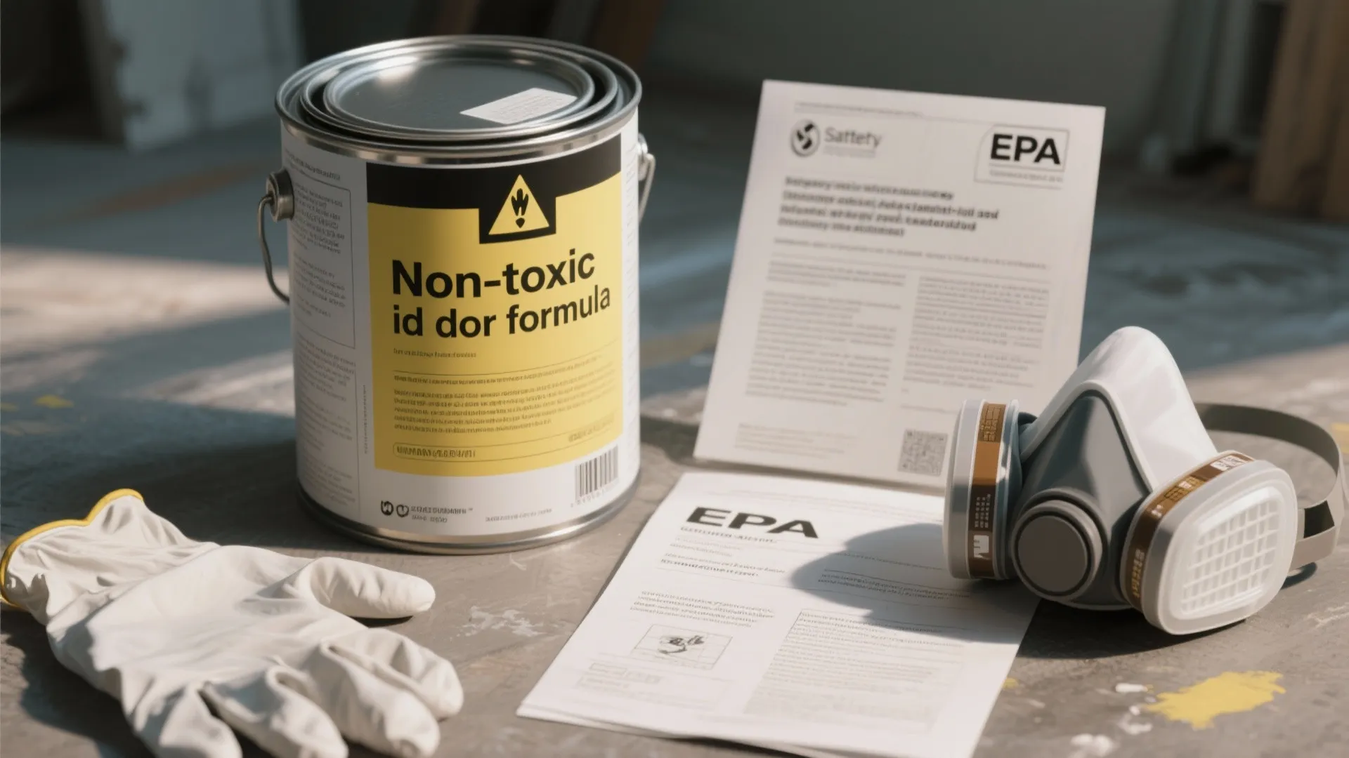 Large paint can with safety mask gloves and paper documents sitting on a gray floor