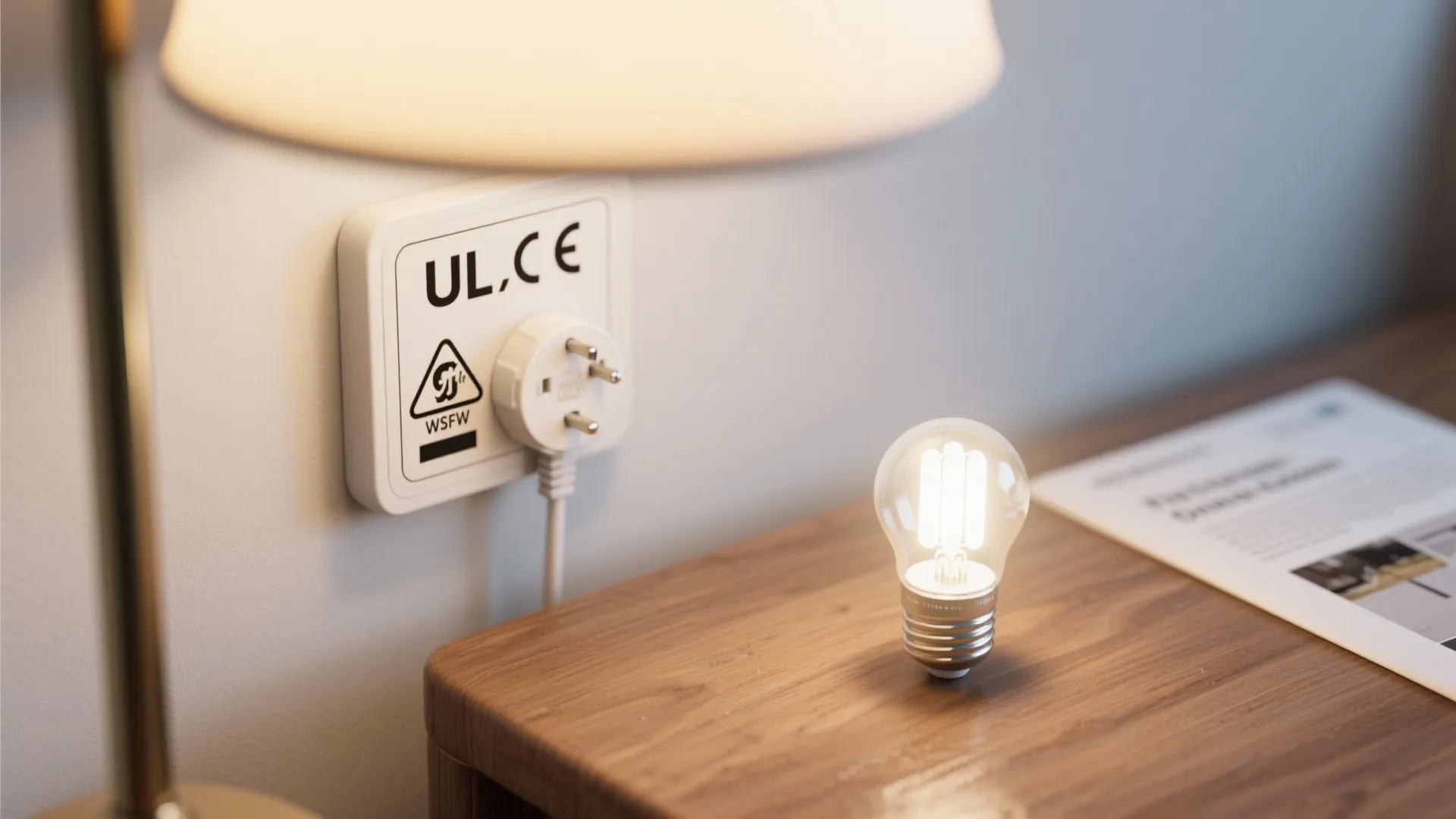 Close-up of certification label and LED bulb illustrating safety and dimmability for plug-in fixtures