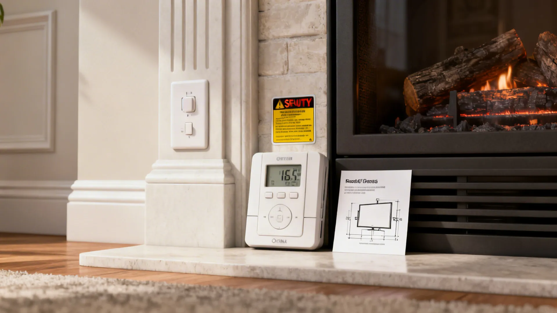 Close up of a fireplace safety control panel with digital thermometer and wall panel details
