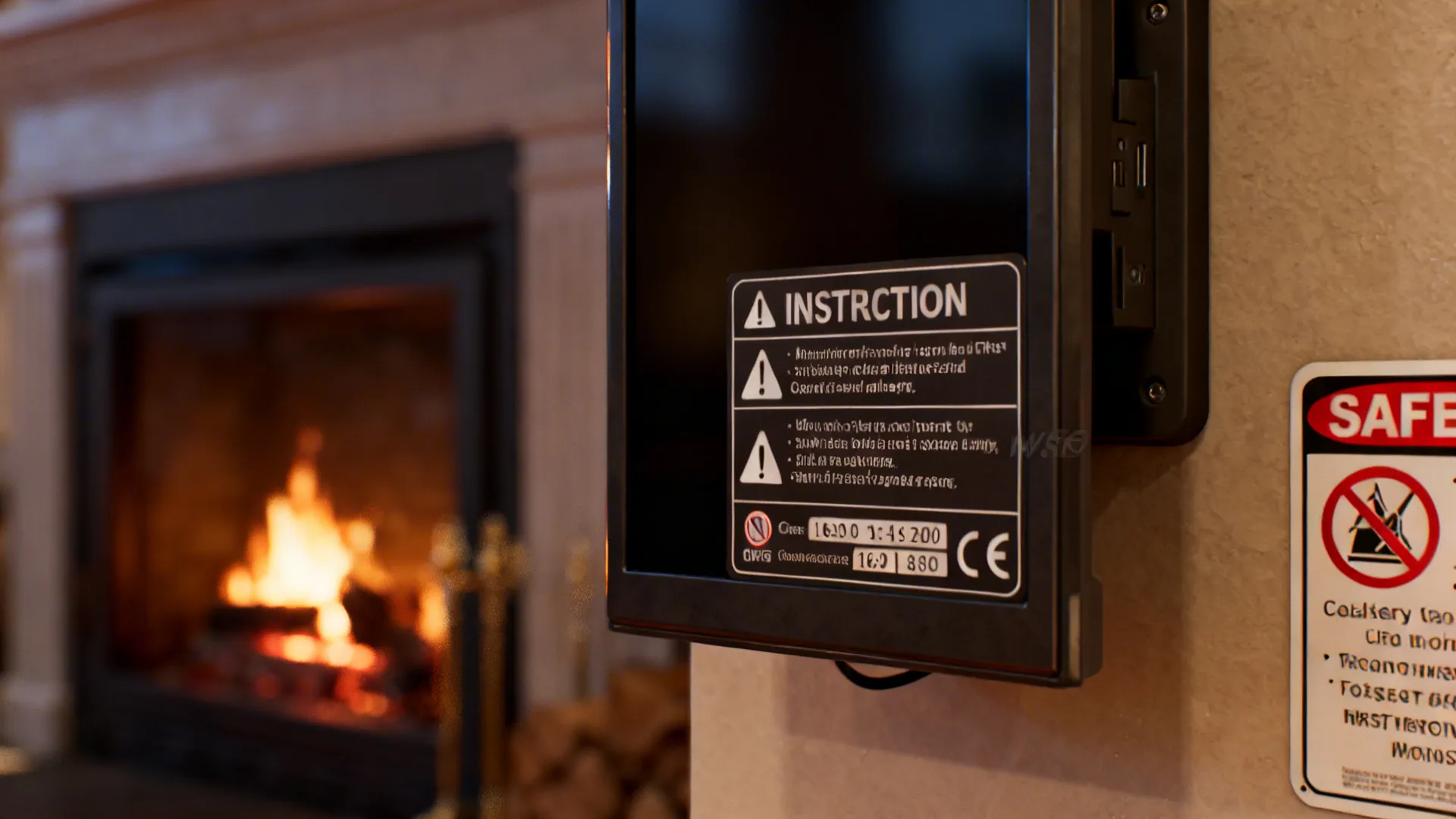 Close-up of TV mounting instructions and fireplace safety placard emphasizing clearances.