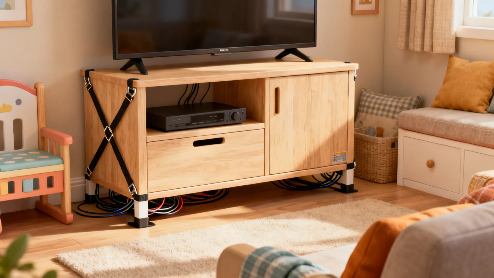 Child-safe living room corner with an anchored TV stand and concealed cables demonstrating safety tips.