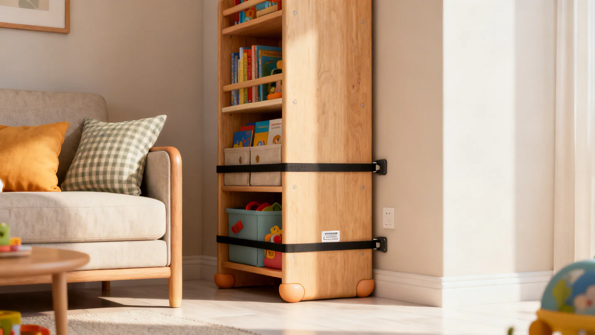 Child-safe living room corner with rounded furniture, anchored shelving and washable fabrics.