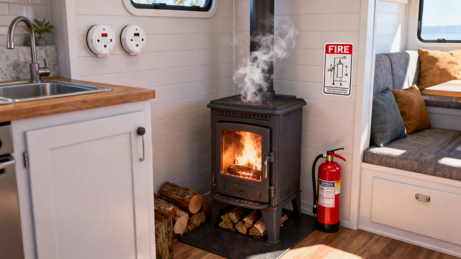 Compact room with a wood stove, visible smoke and CO detectors and a fire extinguisher nearby.