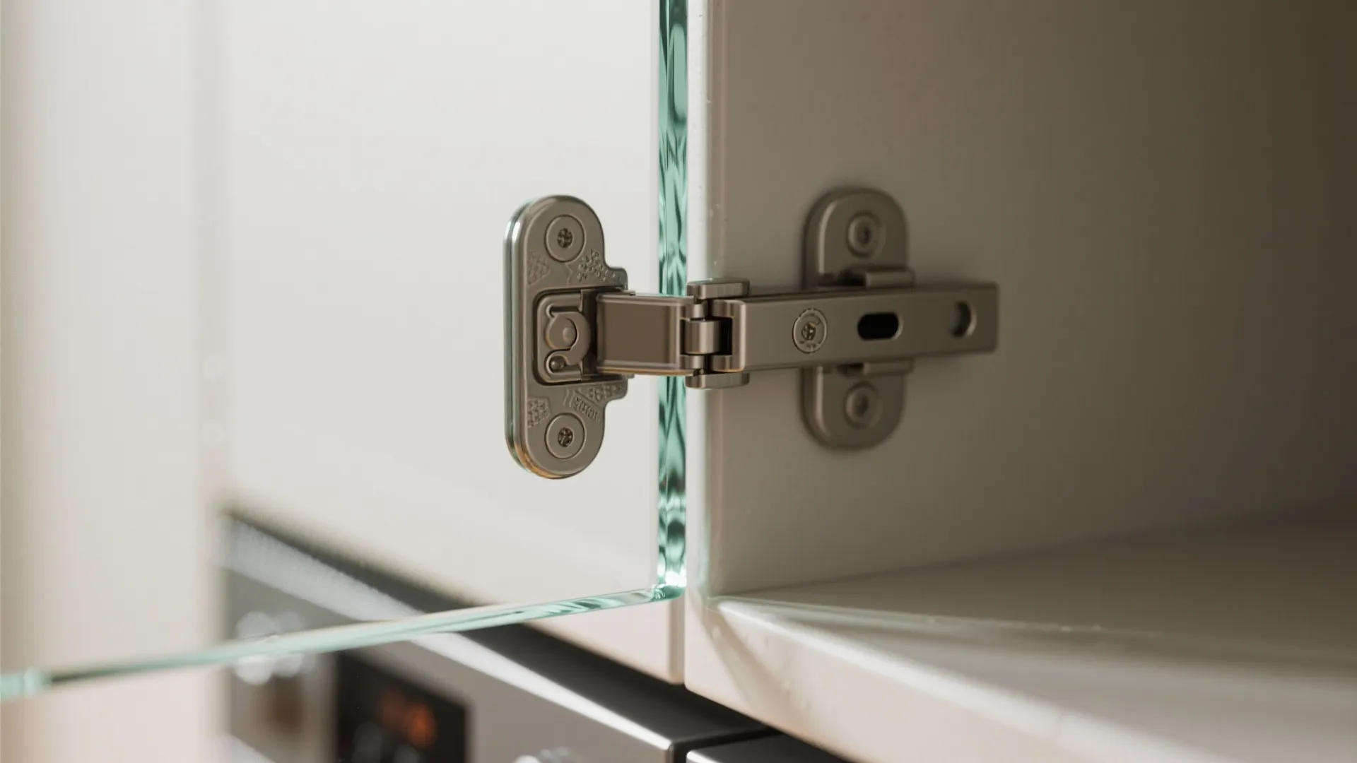 Close up view of a metal hinge connecting a glass door to a white cabinet