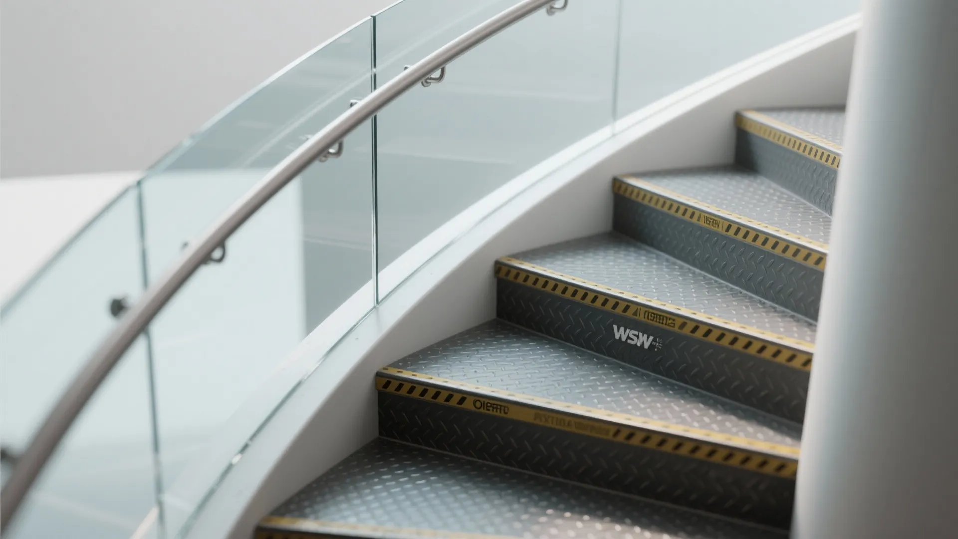 Close up of metal stairs with safety yellow tape and glass railing in a modern building