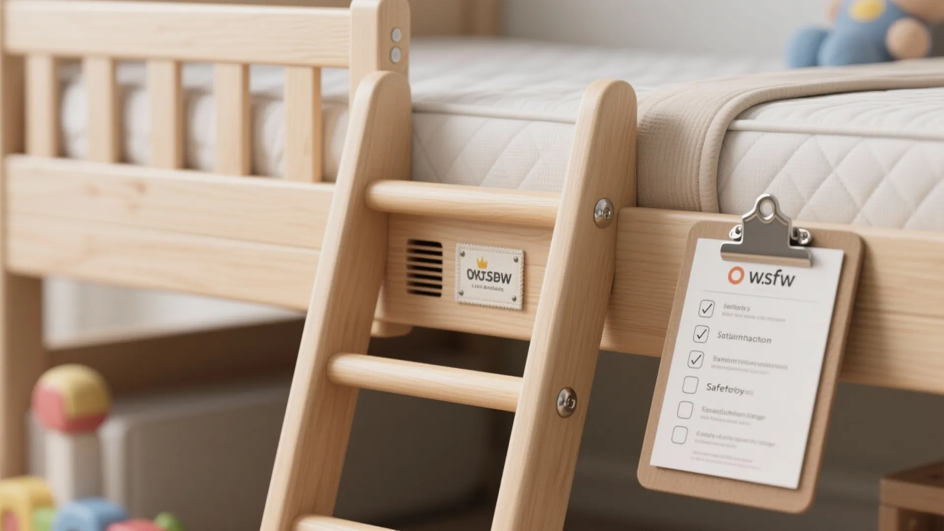 Macro close-up of bed safety details with guardrail fastenings, mattress tag, and a clipboard safety checklist.