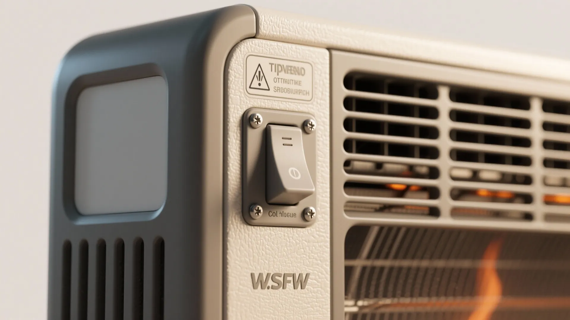 Close up view of a heater power switch with a safety warning icon and vents