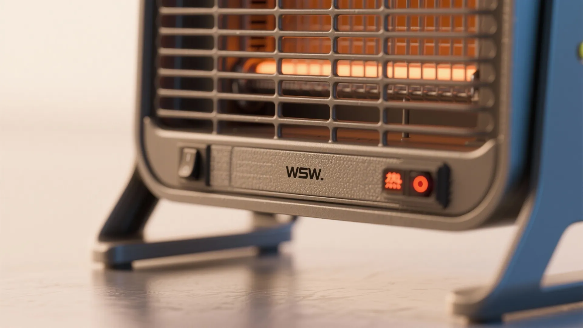 Close-up of portable heater with orange heating element glowing behind protective grey metal safety grill