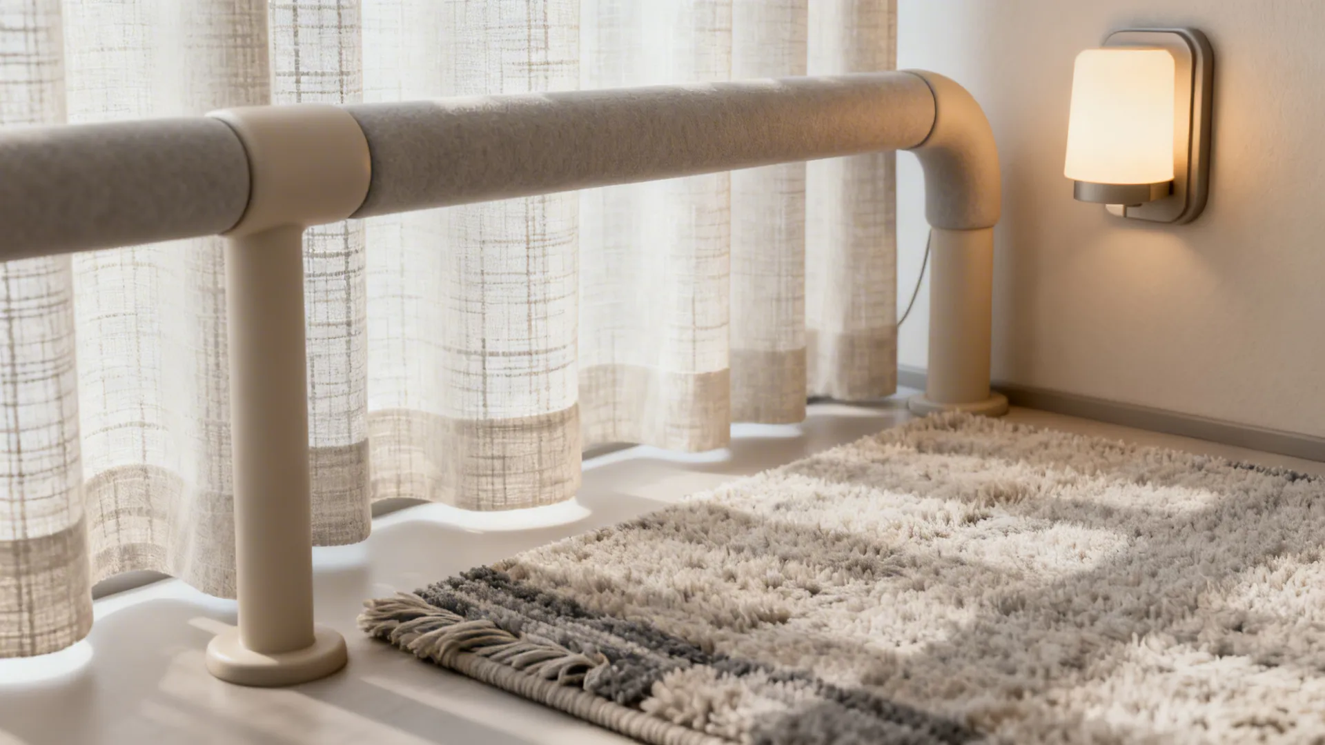 Close-up of guardrail, rug, and wall lamps demonstrating safety and noise-reducing ideas for shared kids' rooms.