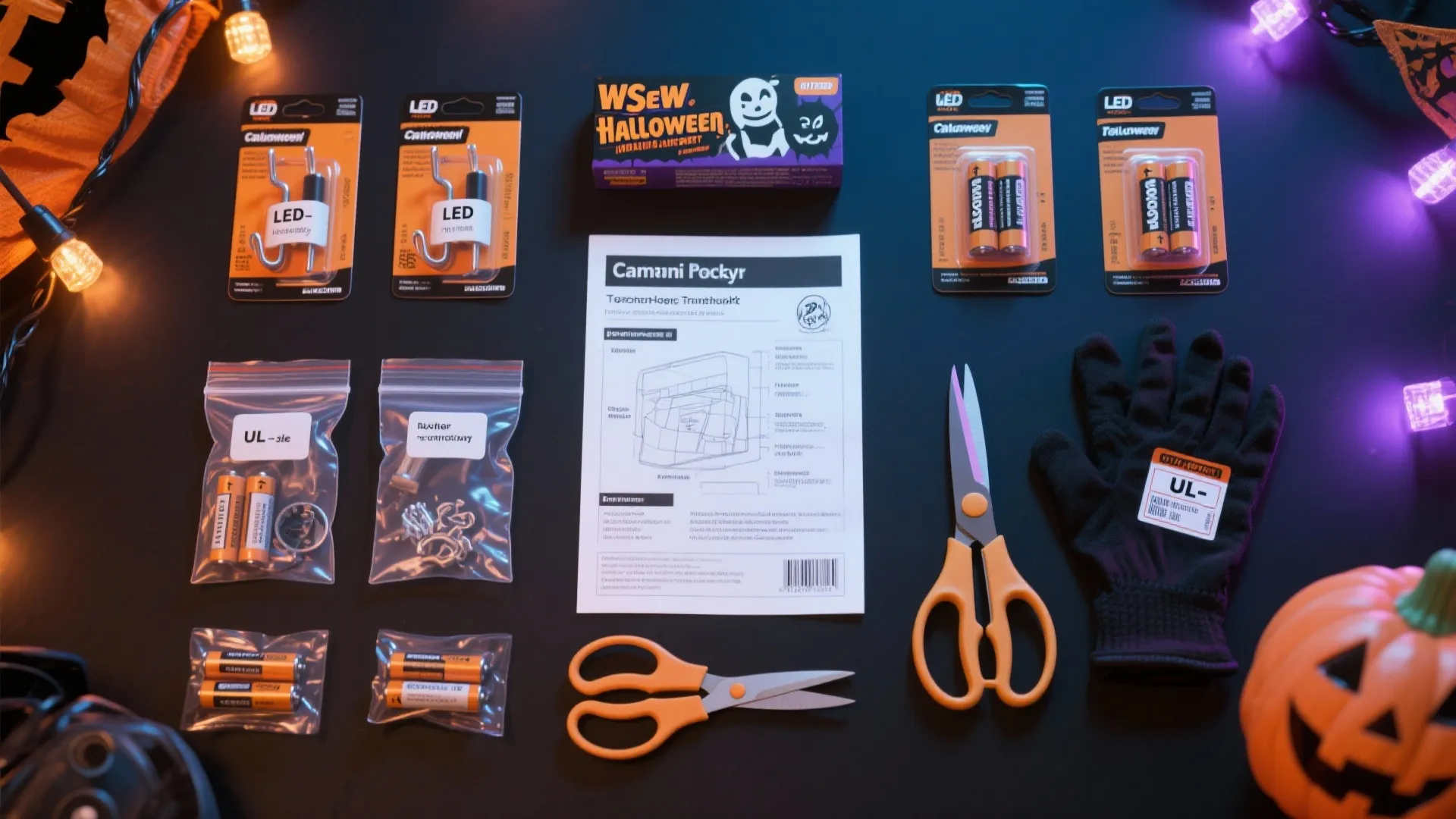 Halloween safety kit with batteries scissors gloves instruction manual pumpkin and orange lights on black background