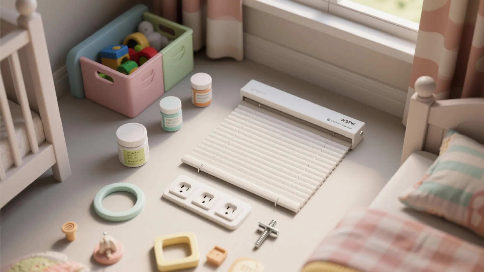 Flat lay showing white window blinds power outlets and small paint jars in a bedroom