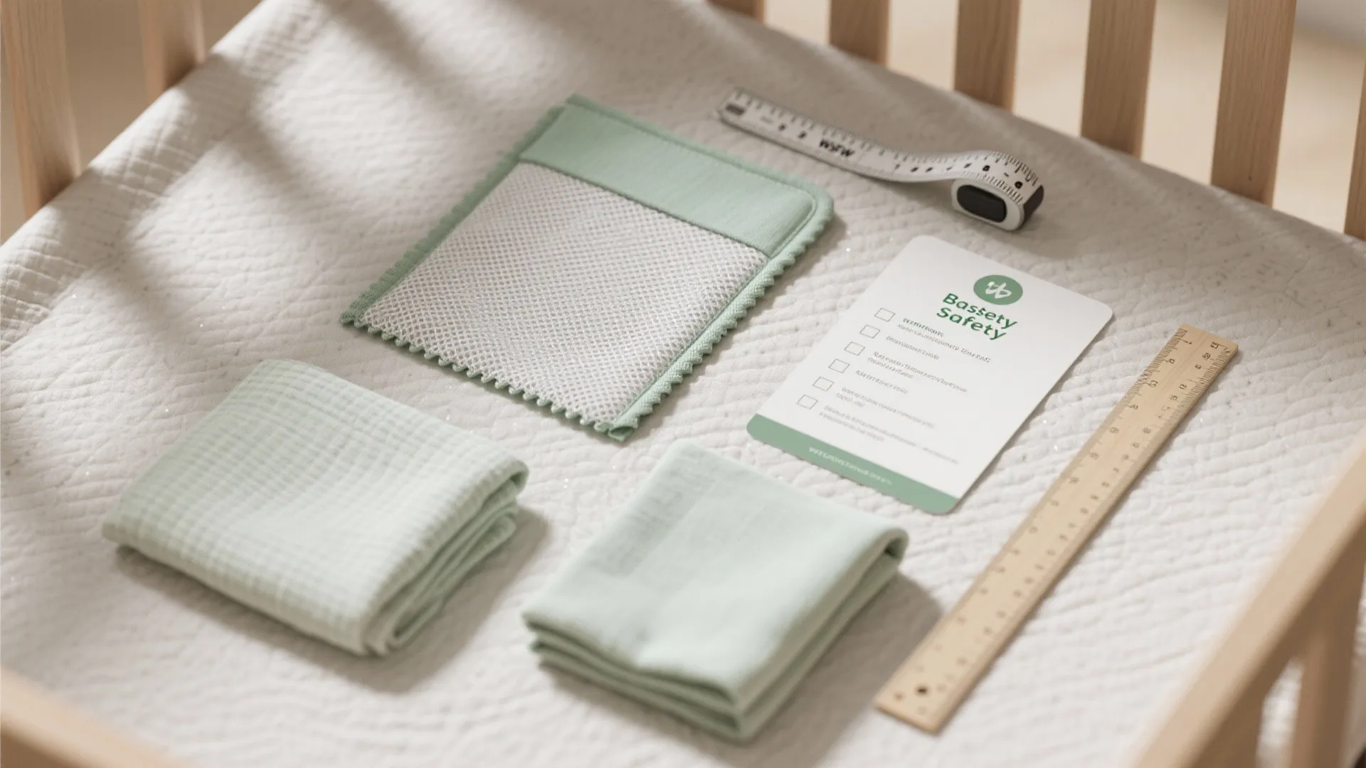 Flat lay of green baby cloths, safety checklist, measuring tape, and ruler on white mattress
