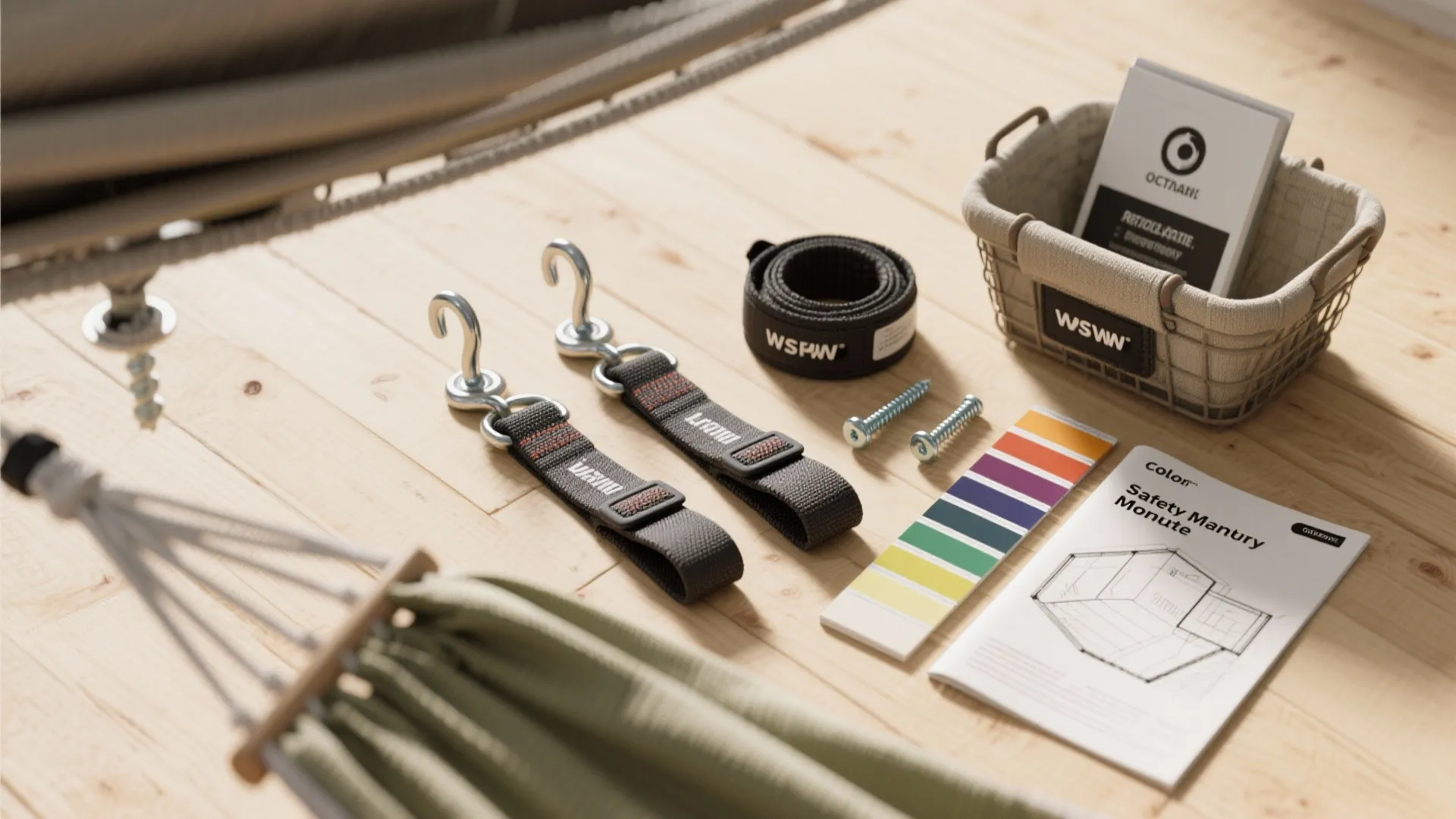 Hammock installation kit with metal hooks, black straps, screws, color guide and manual on floor