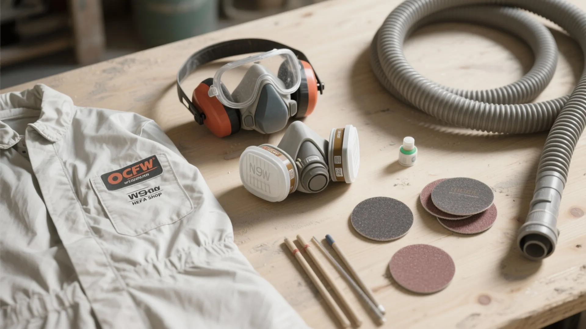Face mask safety earmuffs work jacket sandpaper and small tools on a light wooden table