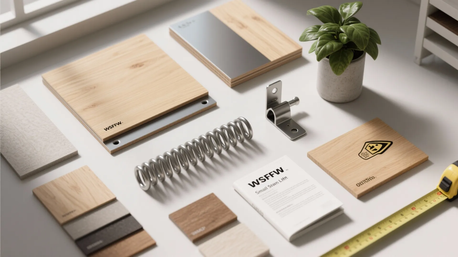 Top-down flatlay of loft materials and hardware including wood swatches, steel samples, hinges and a safety guideline booklet.