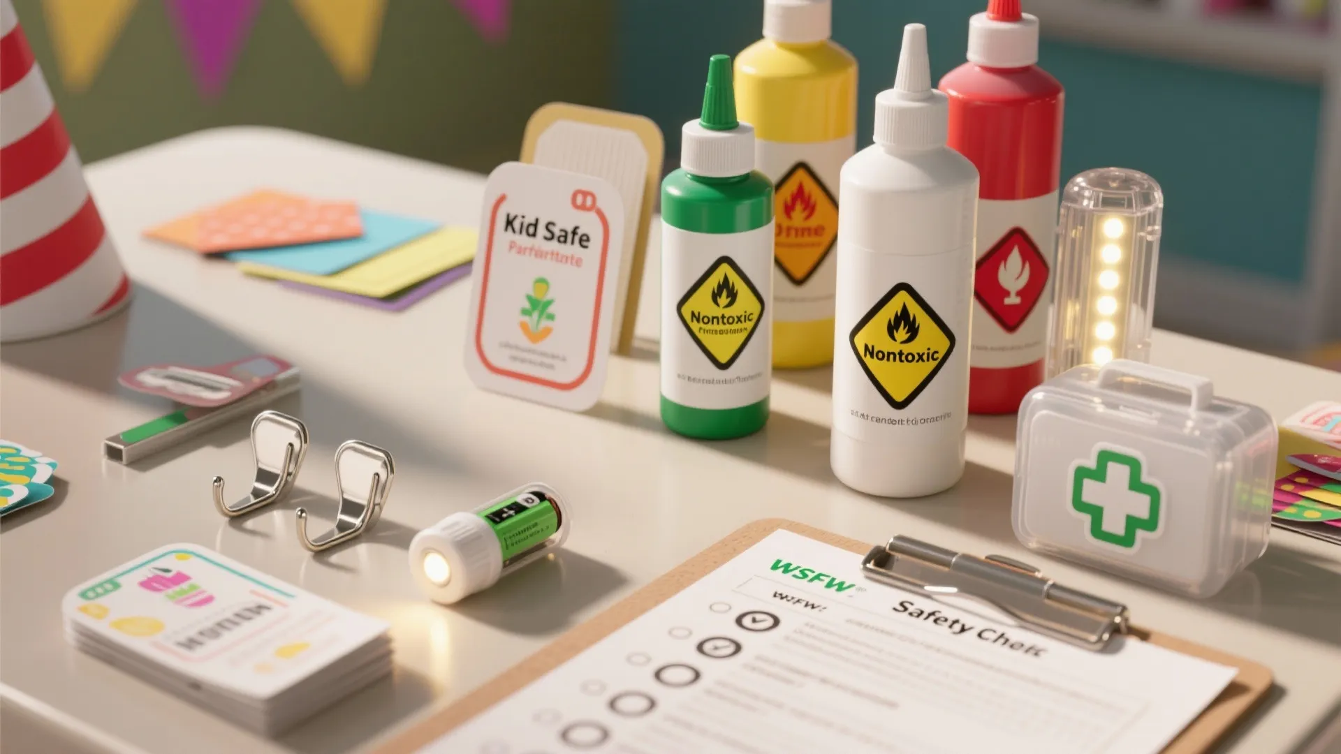 Safety check supplies on table with nontoxic glue bottles first aid kit and paper checklist