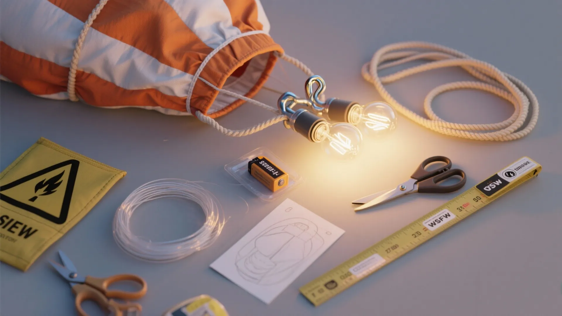 Table with light bulbs, orange bag, rope, scissors, ruler, and battery for home decoration project