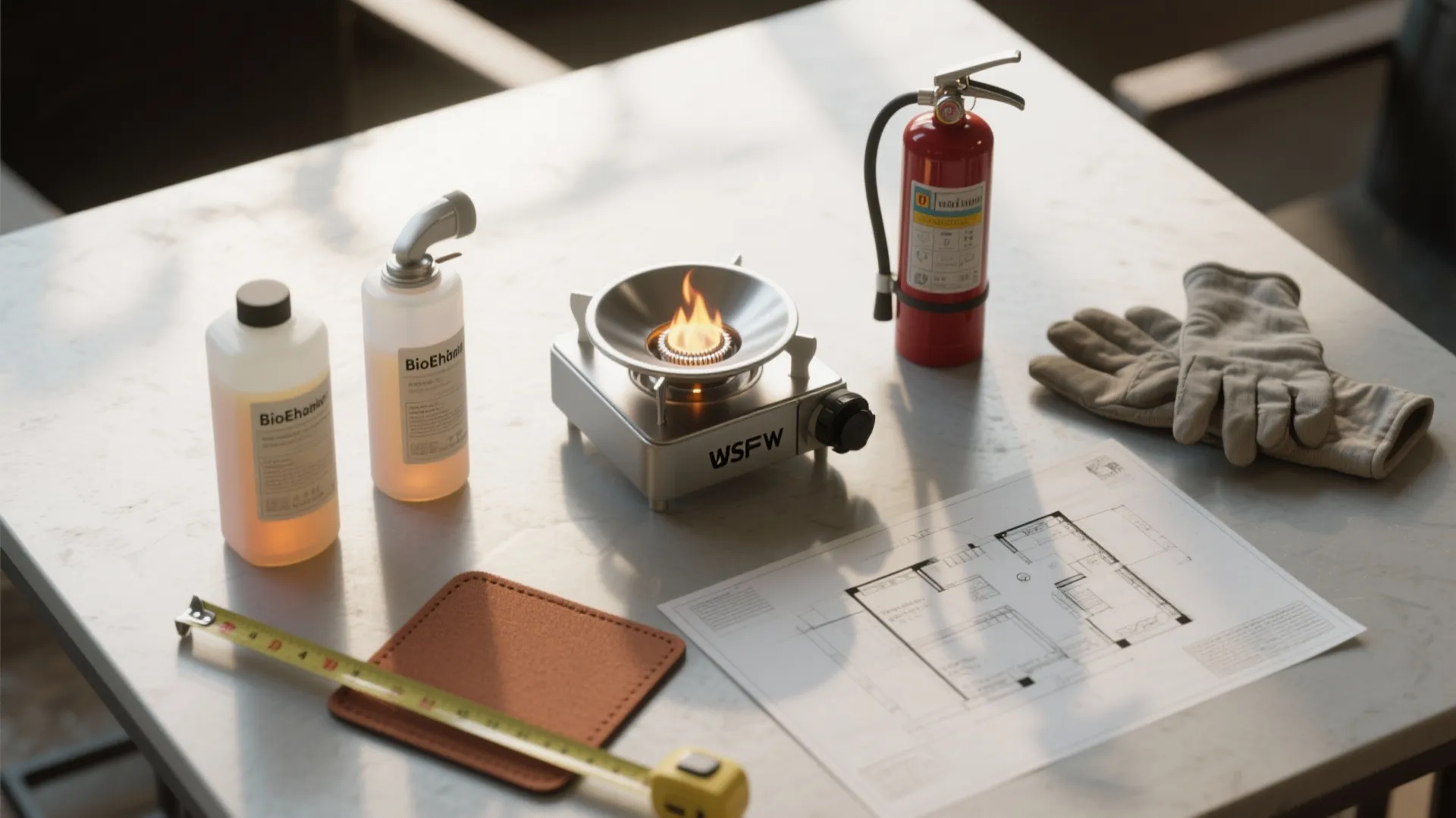 Small stove with flame, fire extinguisher, work gloves, measuring tape, floor plan on marble table
