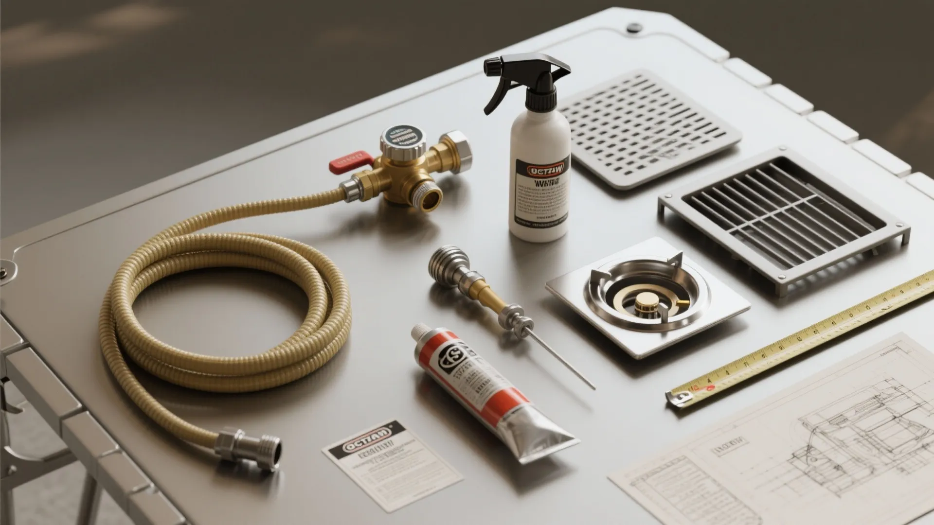Gas stove installation tools with yellow hose spray bottle measuring tape and interior design drawing layout