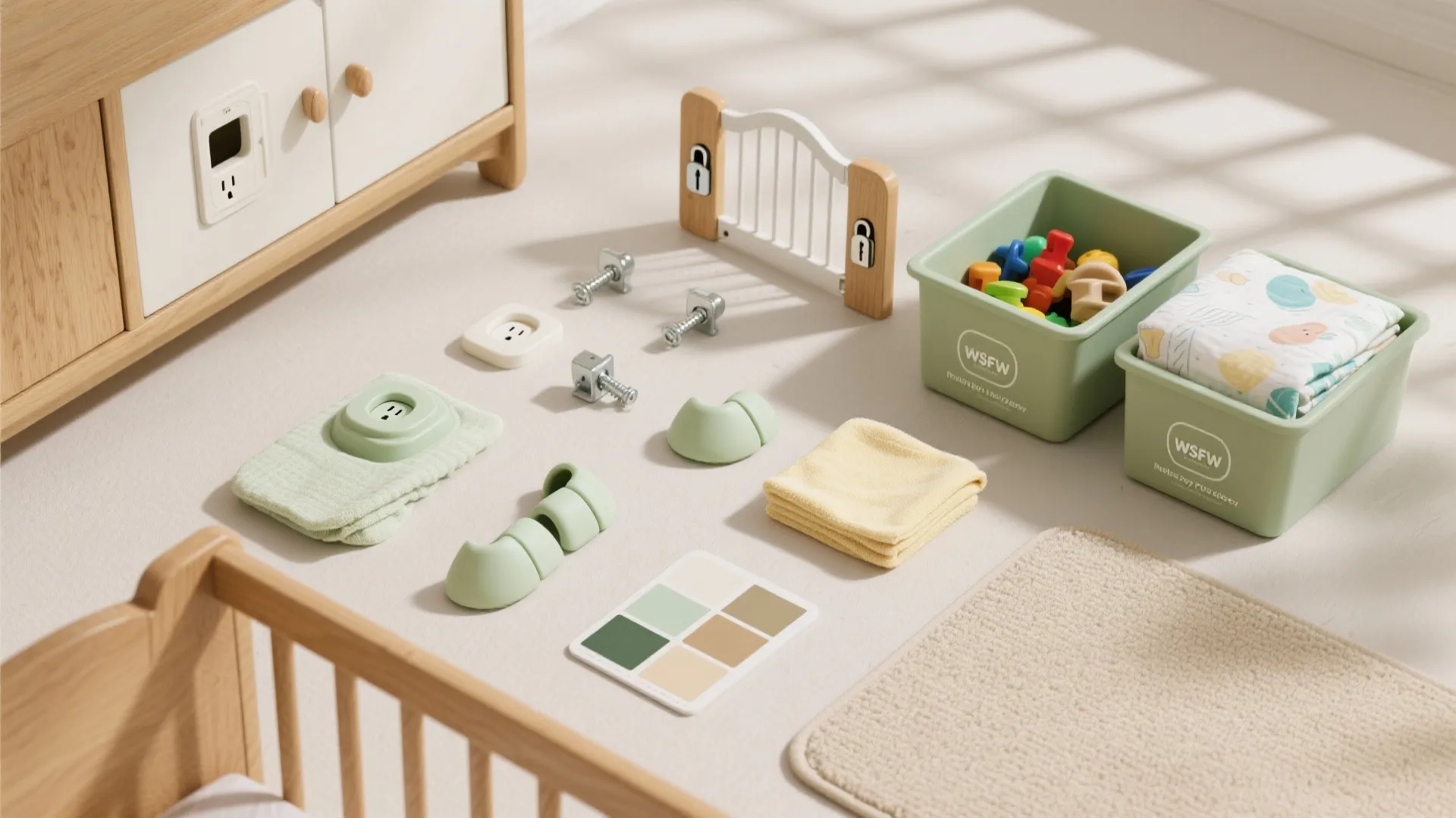 Collection of baby safety products including outlet covers corner guards and small gate on white floor