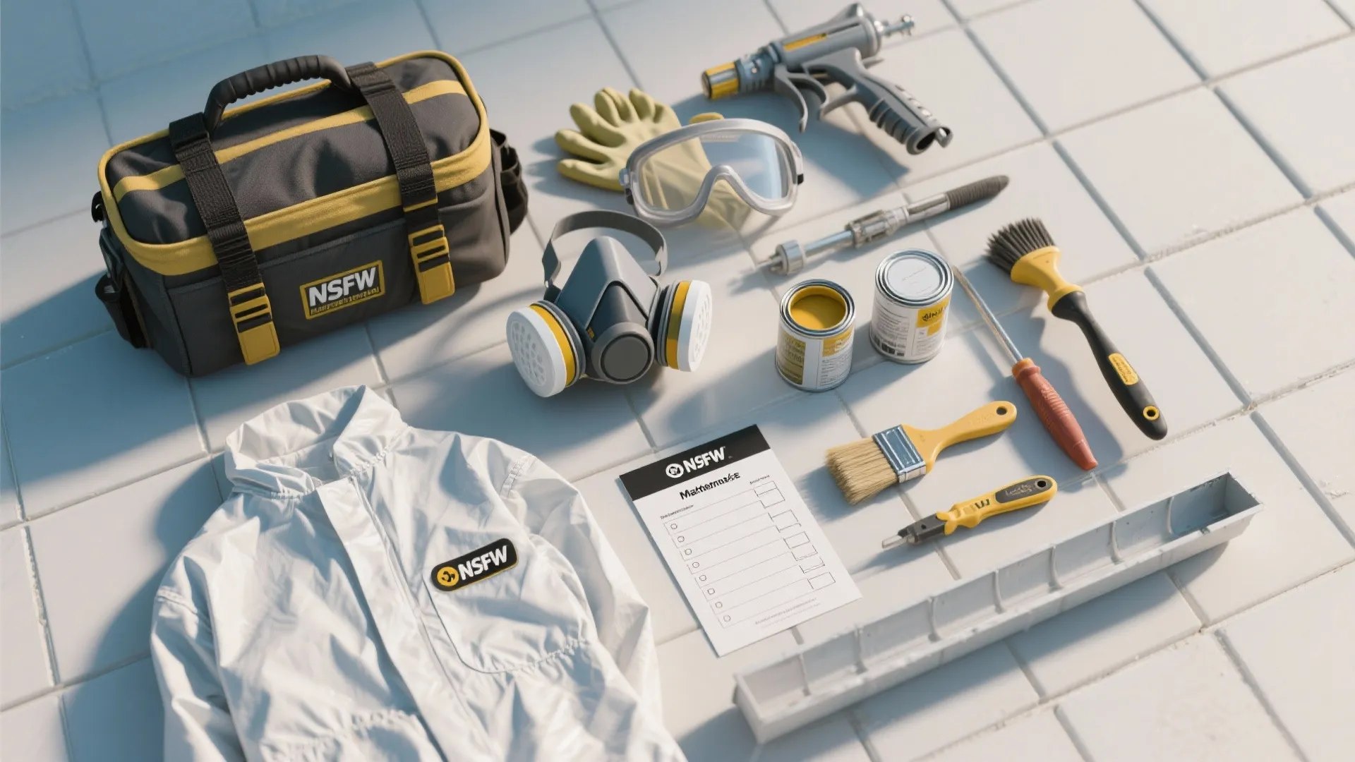 Flatlay of respirator, goggles, gloves, coveralls and maintenance tools for safe exterior spray painting.