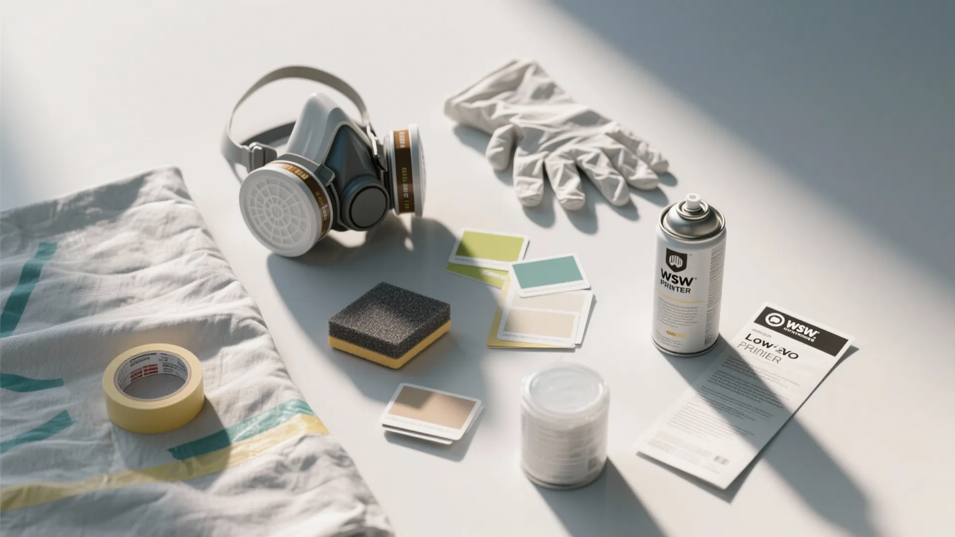 Safety equipment with mask and gloves and spray paint for home interior design painting projects