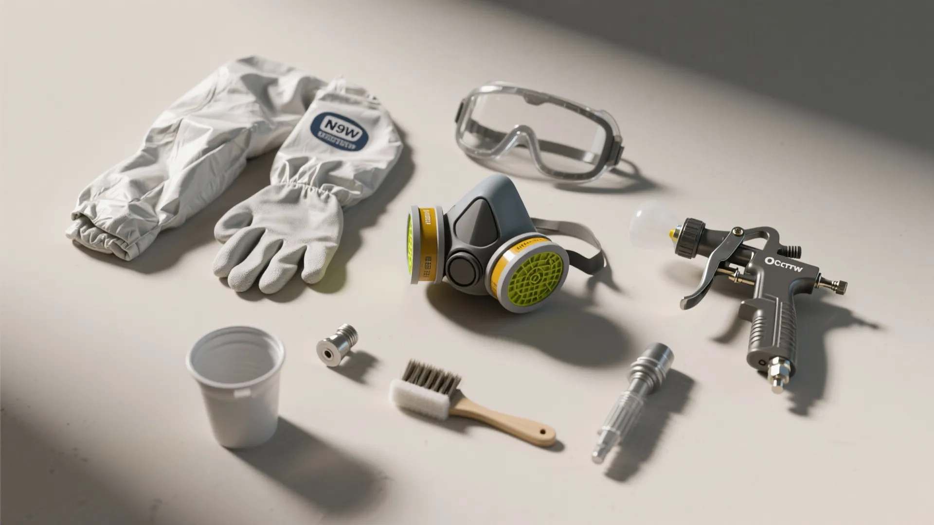 Flatlay of respirator, goggles, gloves, sprayer parts and cleaning tools for safe indoor spraying.
