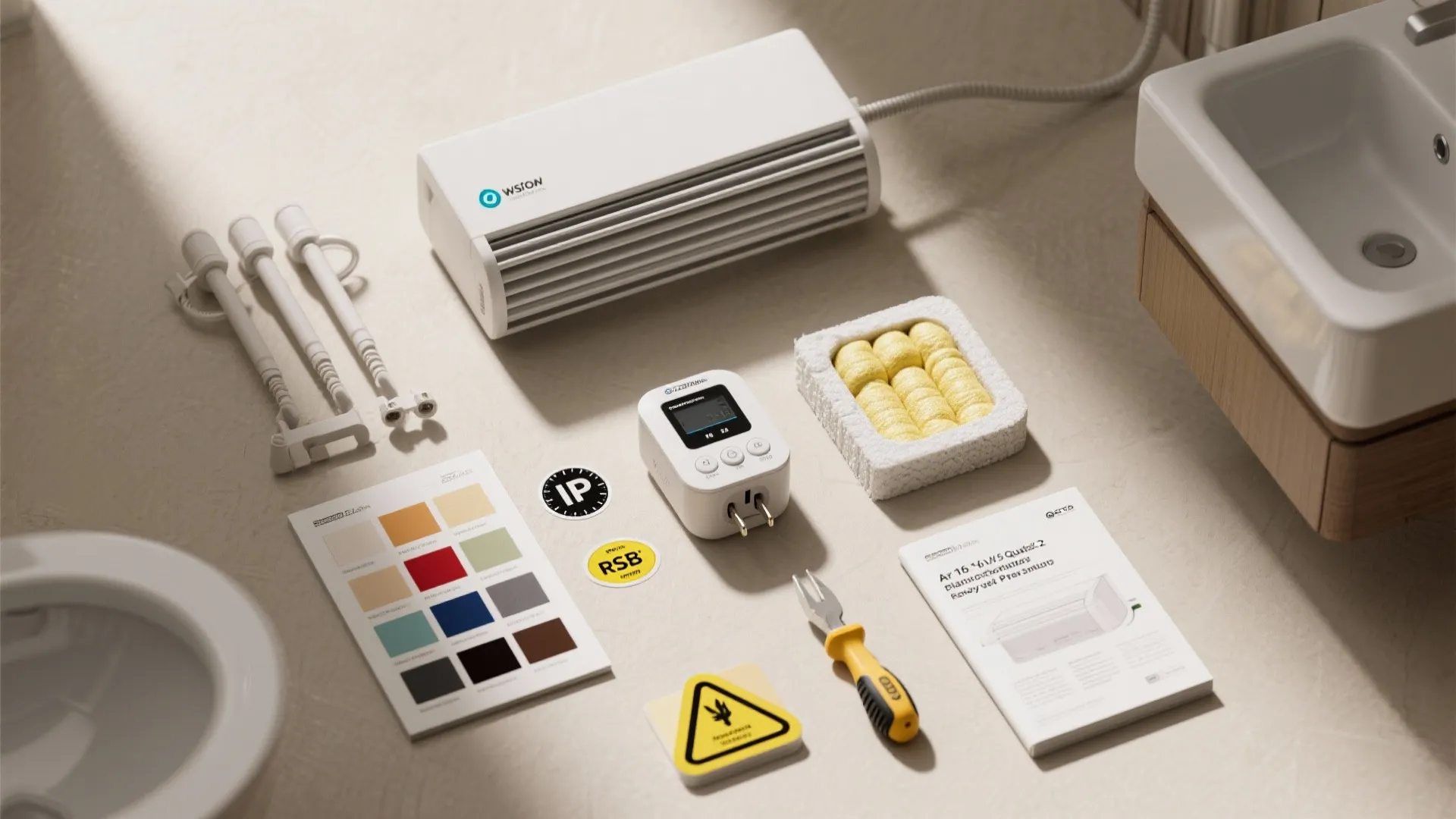 Flatlay of heater selection items: IP rating sticker, timer, smart plug and swatches for planning