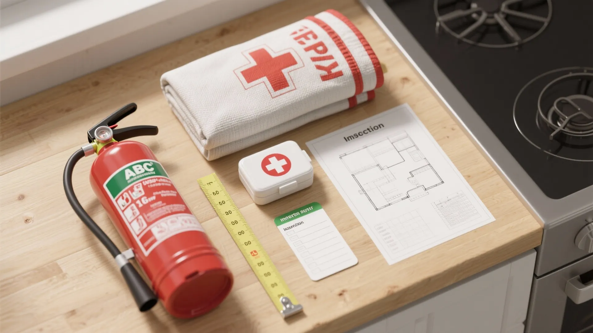 Flatlay of kitchen fire safety gear: ABC extinguisher, fire blanket, first-aid kit, and checklist