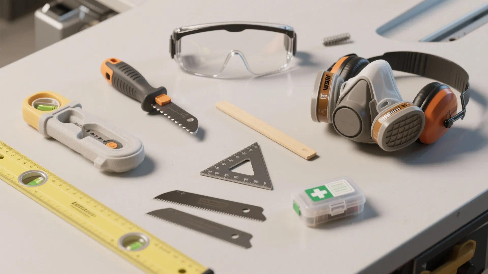 Safety goggles ear protection mask level and hand tools organized on a white workshop table surface