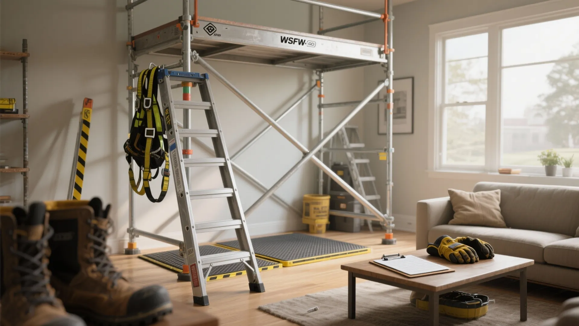 Indoor living room under renovation with metal scaffolding ladder safety harness boots and work gloves