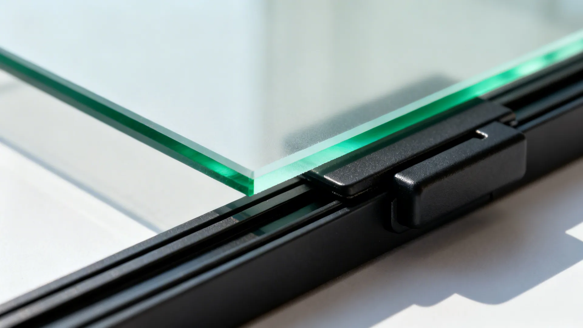 Macro of laminated frosted glass edge with PVB layer beside matte black hardware.