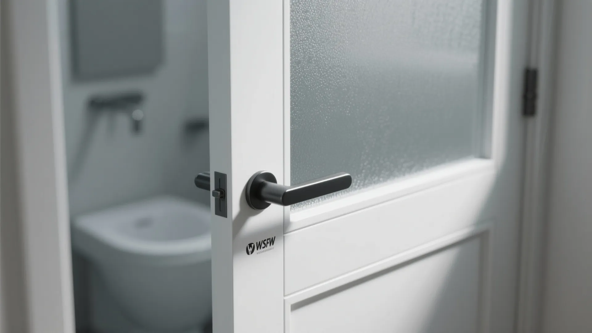 Close up of a white bathroom door with a black handle and frosted glass panel detail