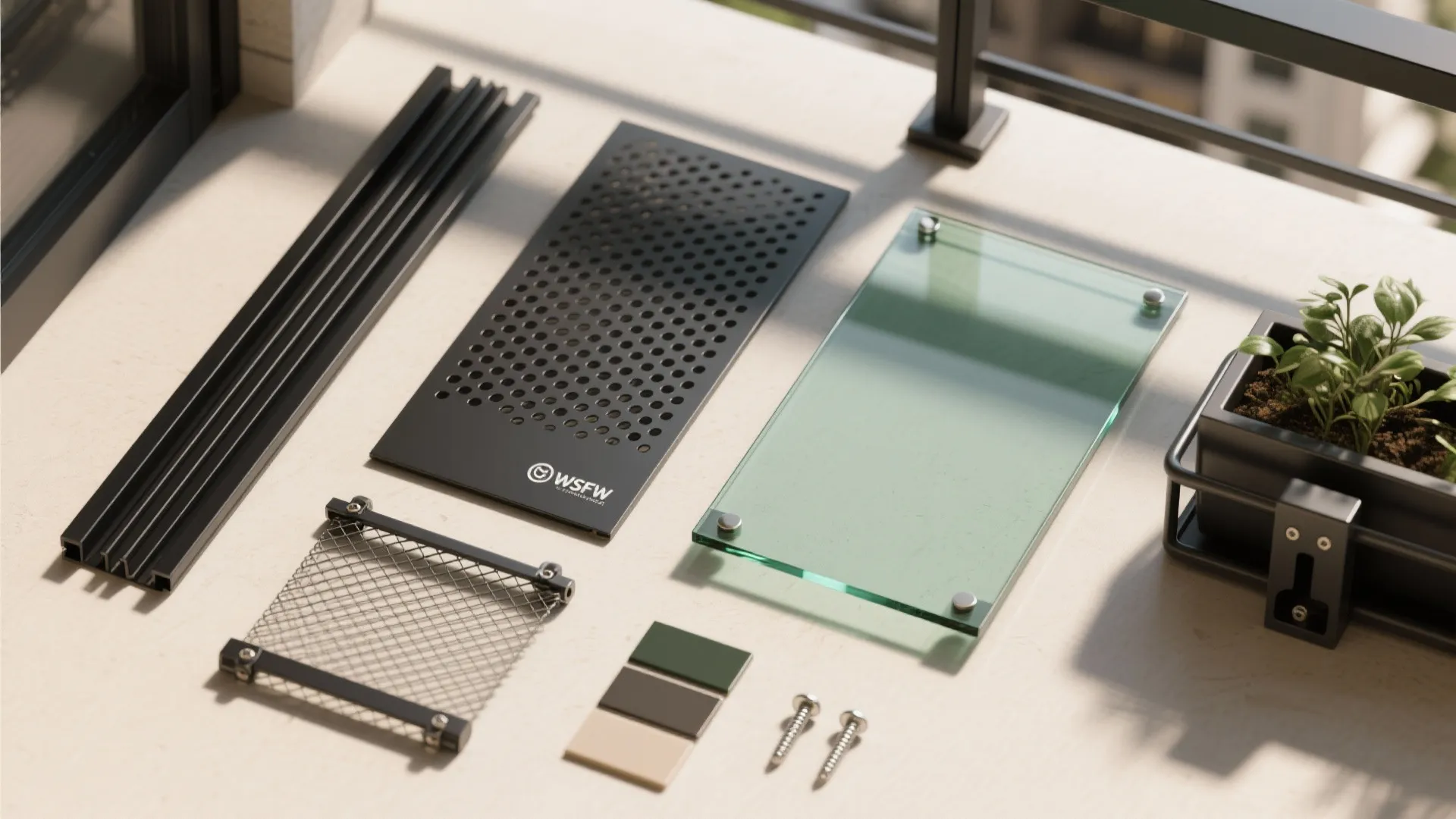 Top-down flatlay of balcony safety grill design components: bars, perforated panel, glass, net, brackets, and color chips.