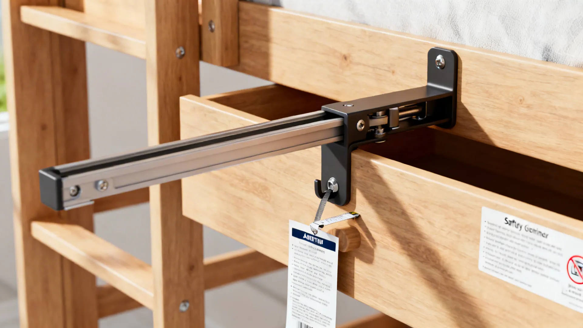 Close-up of soft-close runner, anti-tip bracket and safety guideline sheet for bunk beds