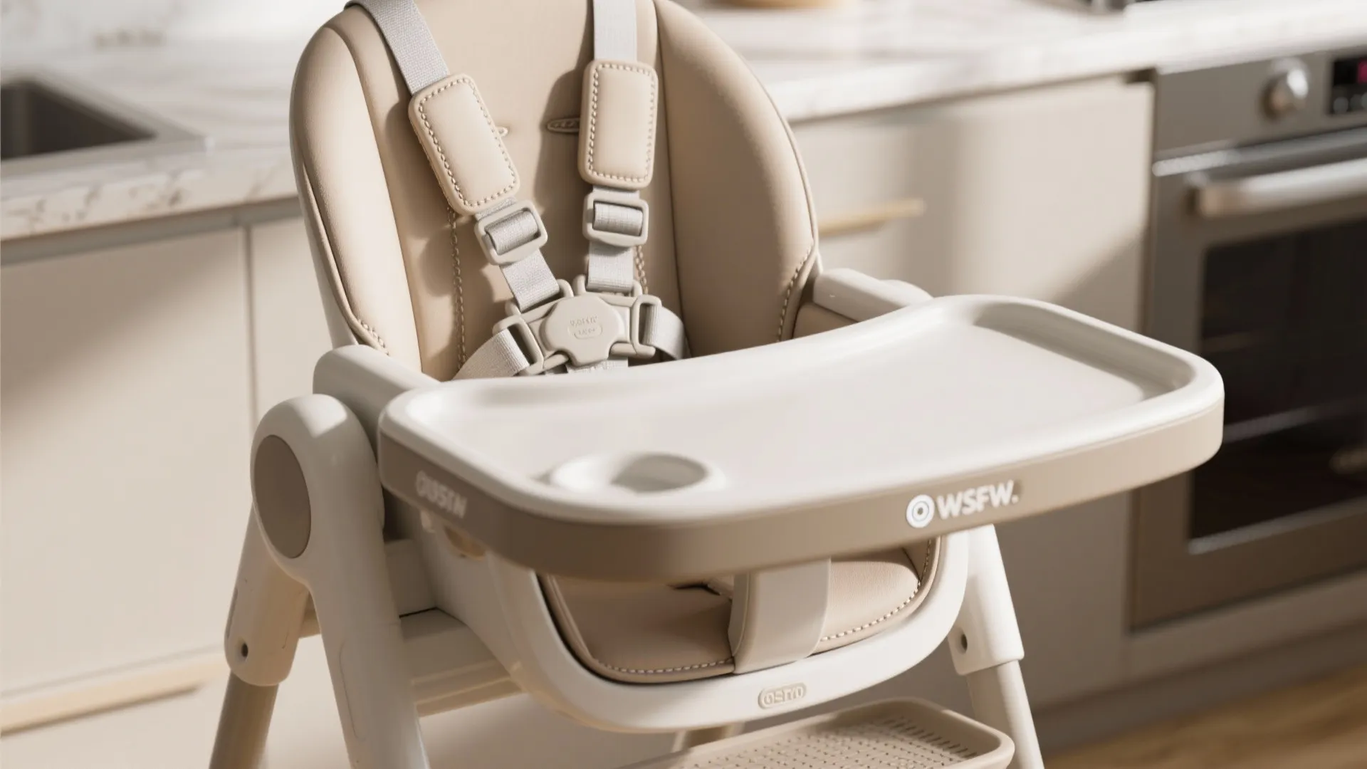 Macro view of highchair safety details showing five-point harness, non-slip feet and secure buckles in a kitchen setting.