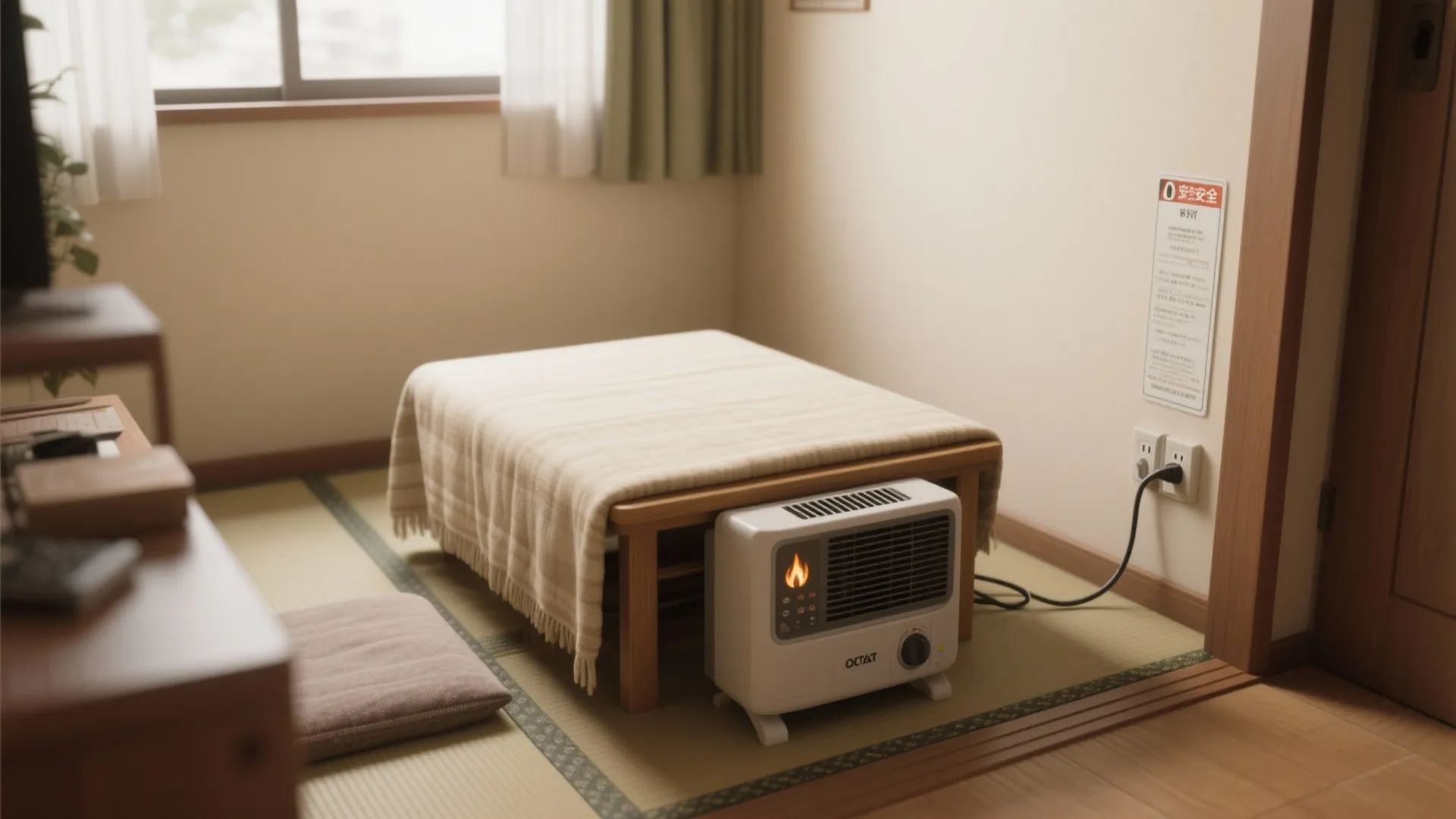 Small portable electric heater plugged into wall outlet next to a low table with blanket