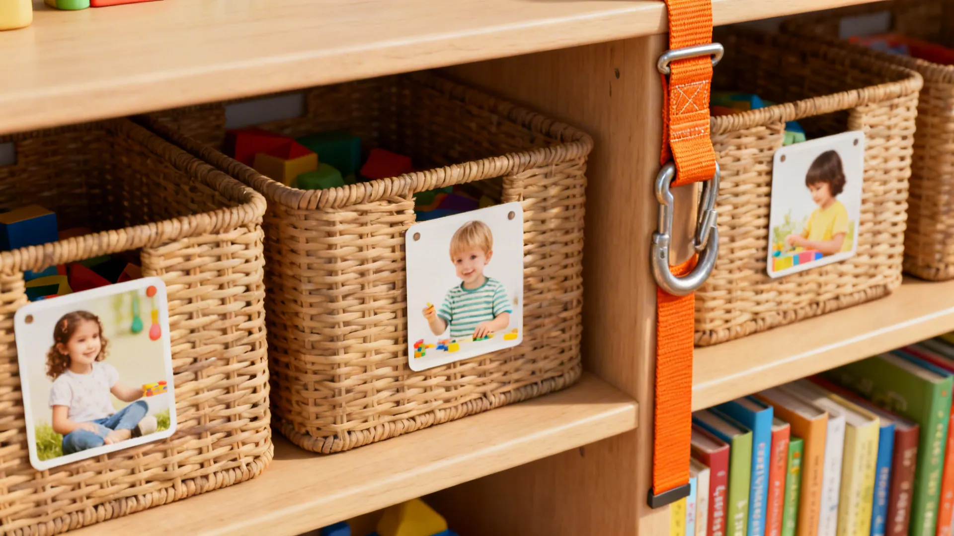 Labeled baskets with picture tags and anchored shelving showing safe toy storage practices
