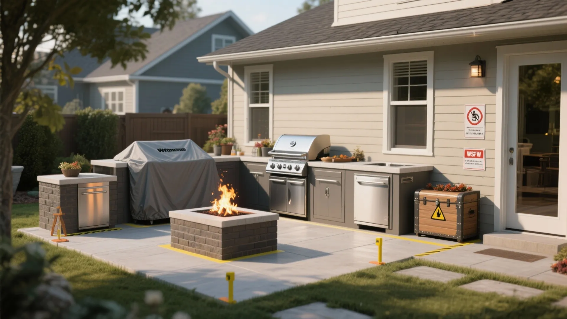 Outdoor kitchen layout showing proper clearances for grills and fire features, with covered appliances and safe storage.