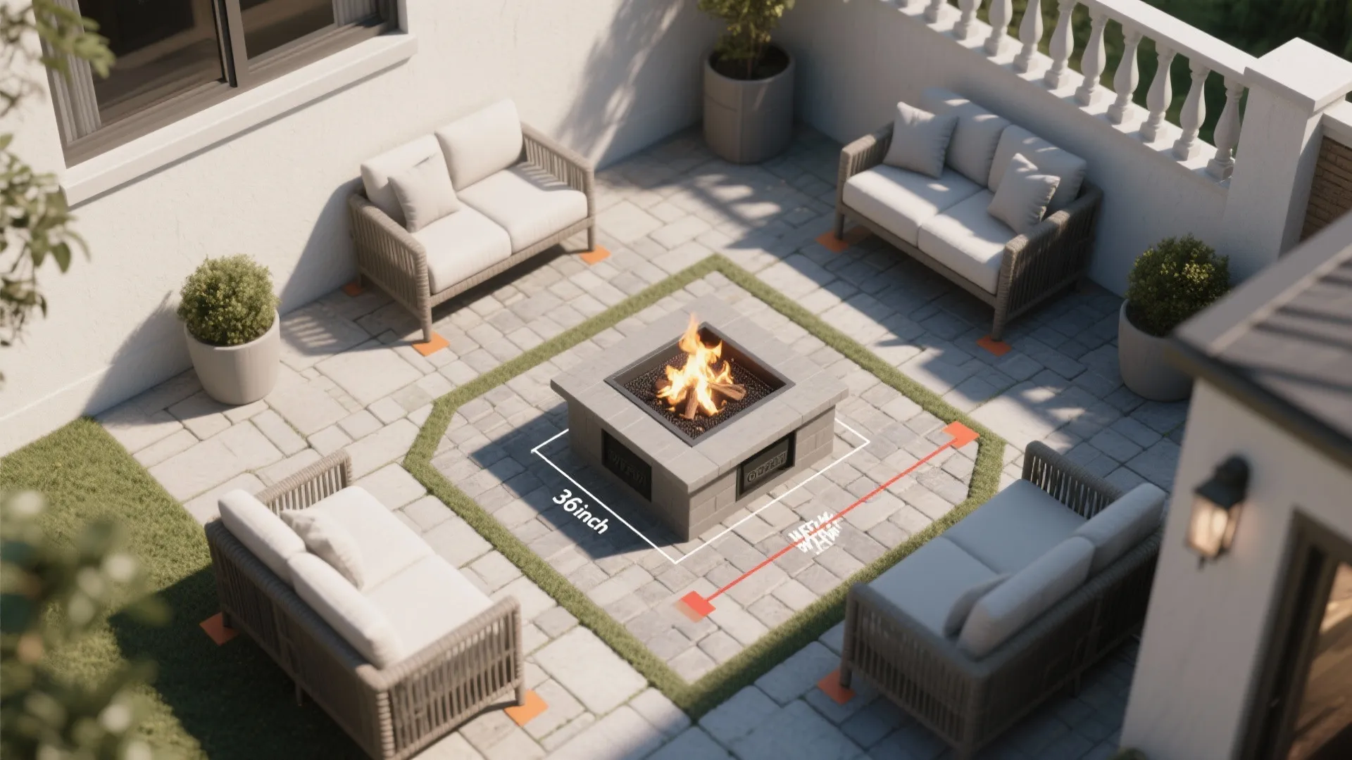 Outdoor patio design drawing showing safety measurements between a square fire pit and four sofas