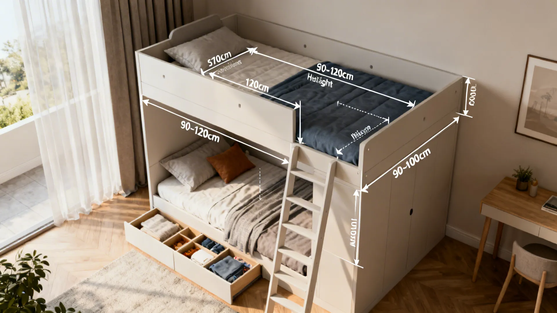 俯视信息图：床体安全间距、通行路径、护栏高度与床垫建议尺寸说明