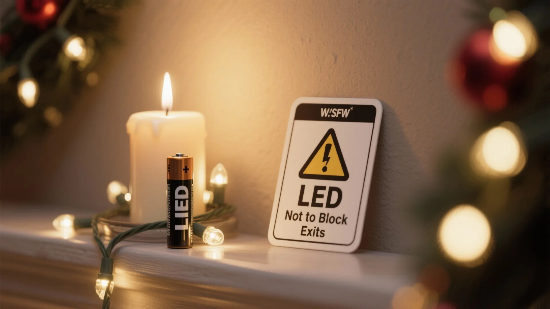 Macro detail of a battery LED candle next to a safety reminder card and labeled LED lights in an office.