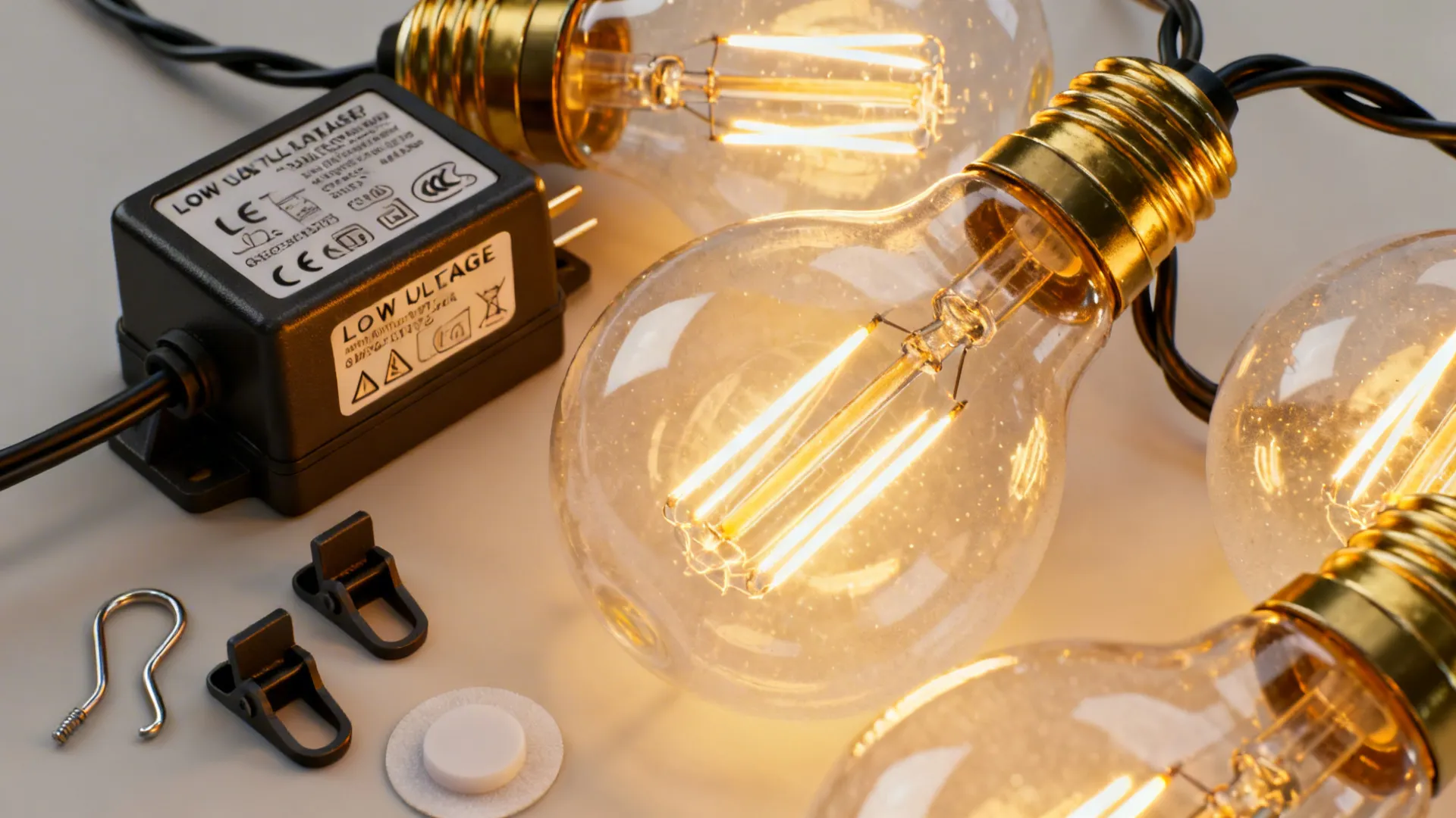 LED string bulbs, transformer, adhesive hooks and cord clips illustrating safe installation.