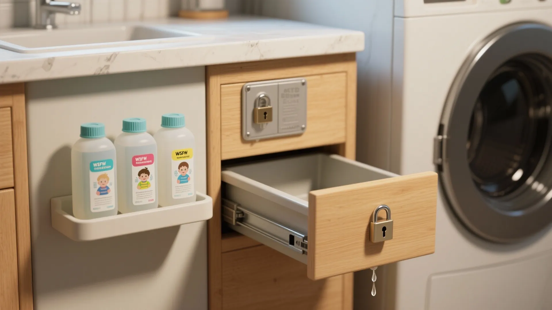 Labeled refill bottles with childproof caps beside a lockable drawer in a tidy laundry nook.