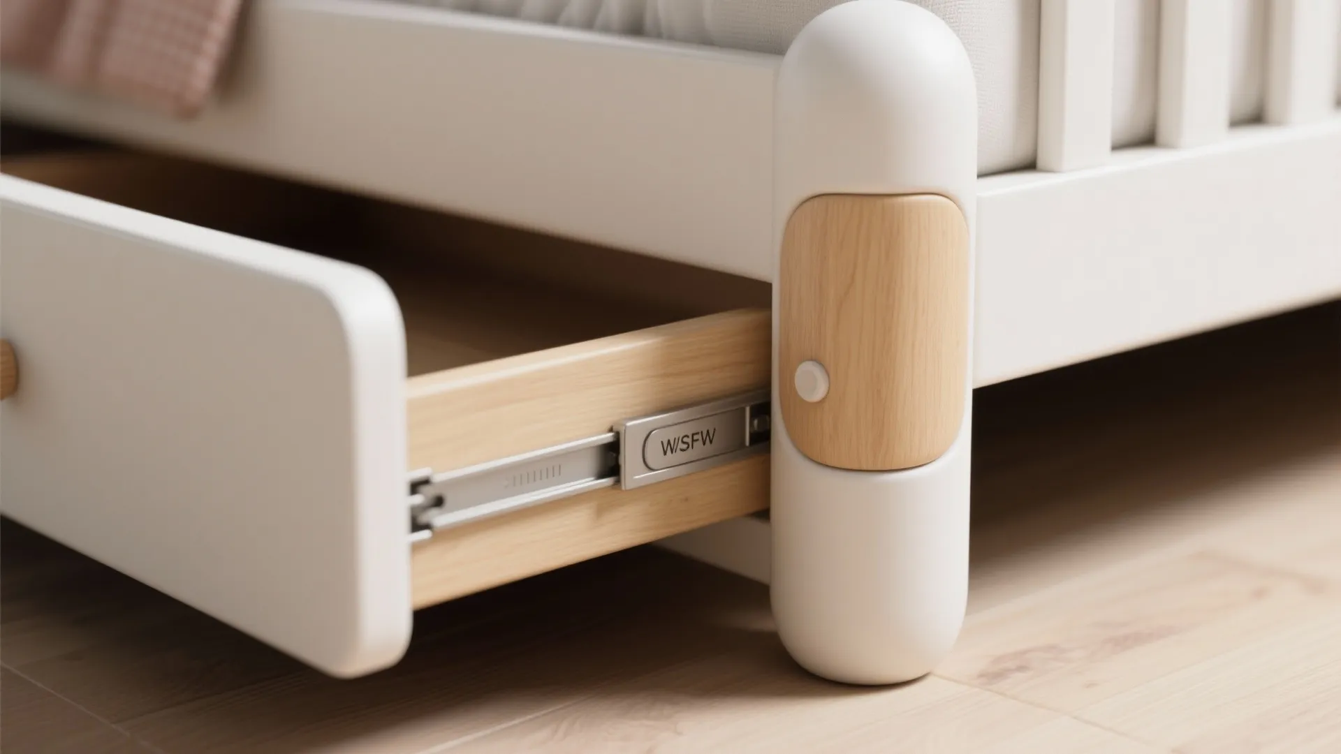 Close up of wooden bed drawer with metal slider and rounded white safety corner post