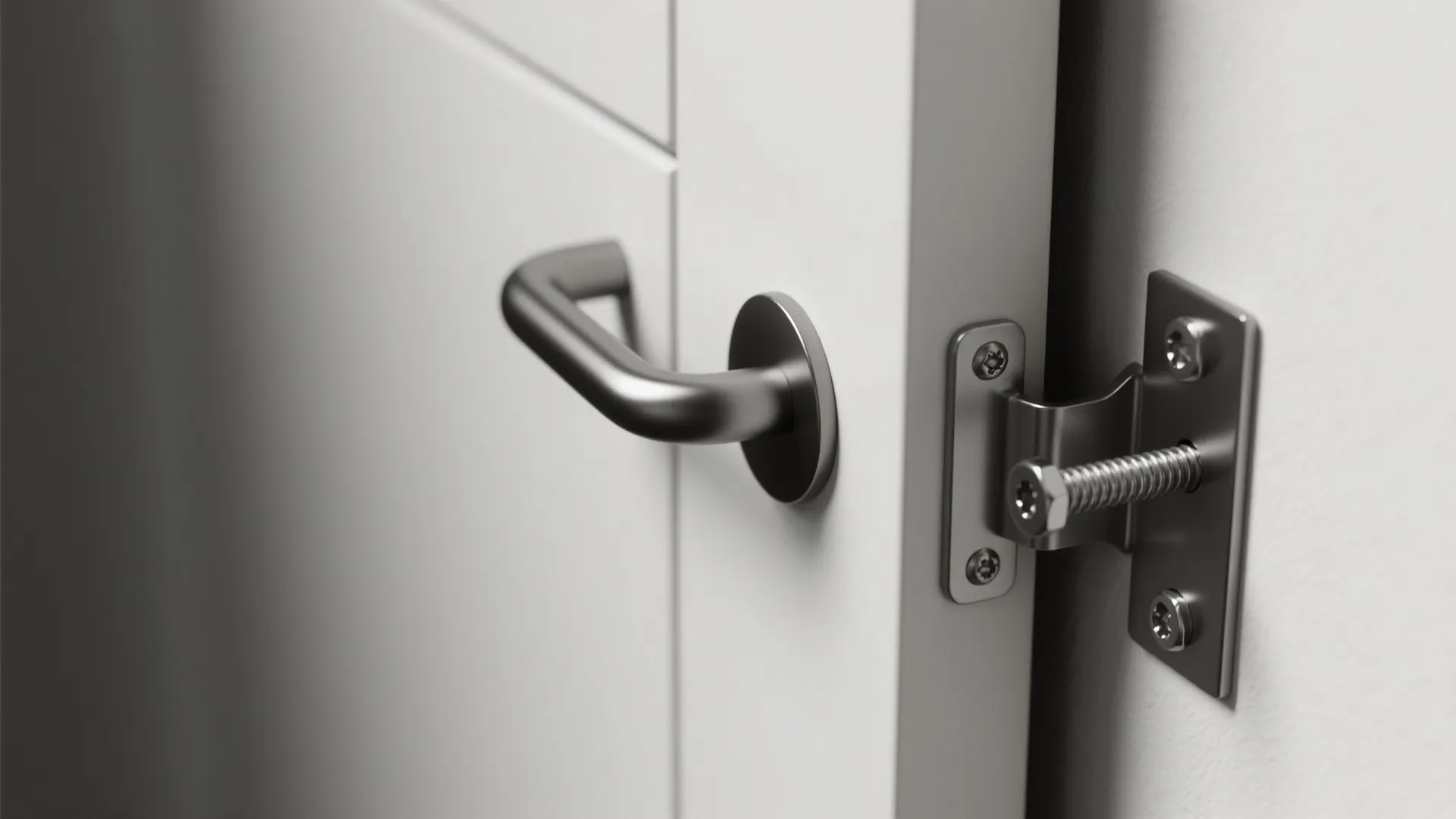 Close up of a silver metal door stopper attached to a white door and wall