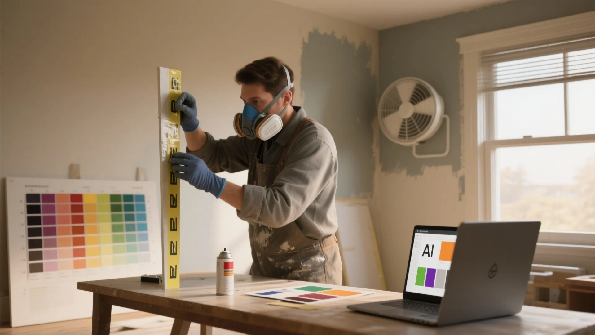 Man wearing safety mask and gloves preparing a wall for painting in a room interior